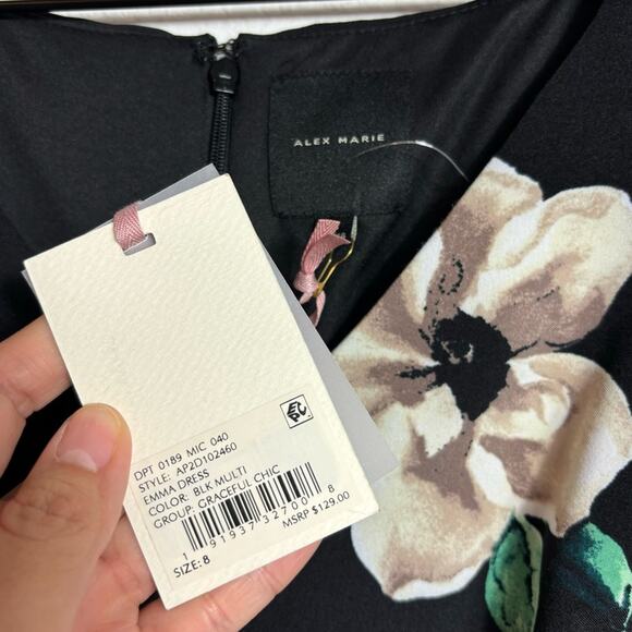 ALEX MARIE BLACK FLORAL PRINT V-NECK SLEEVELESS GRACEFUL CHIC WOMEN DRESS  8 NEW - Picture 3 of 6